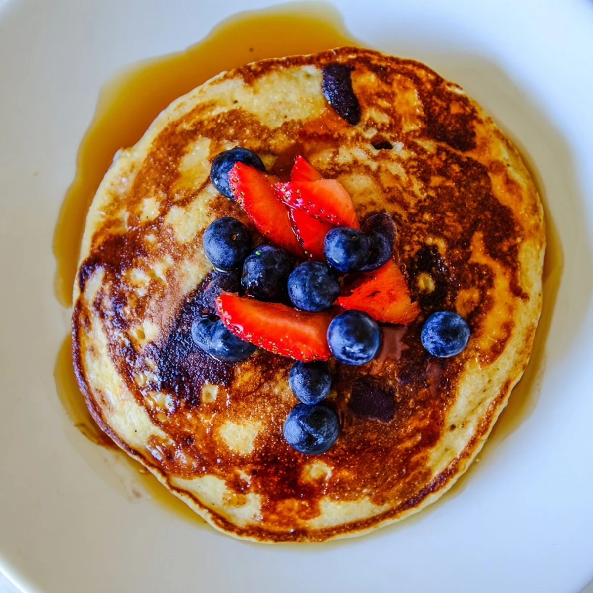 Golden brown banana pancakes stack neatly on a white plate, topped with fresh blueberries and a drizzle of maple syrup.  