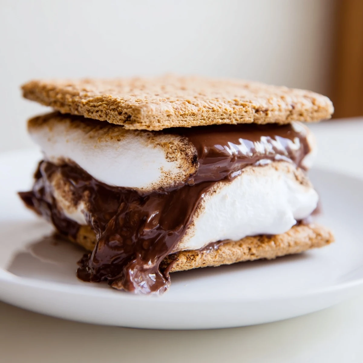 Golden marshmallows puff and melt over chocolate squares between crisp graham crackers in this Air Fryer Smores recipe, served warm and gooey.  