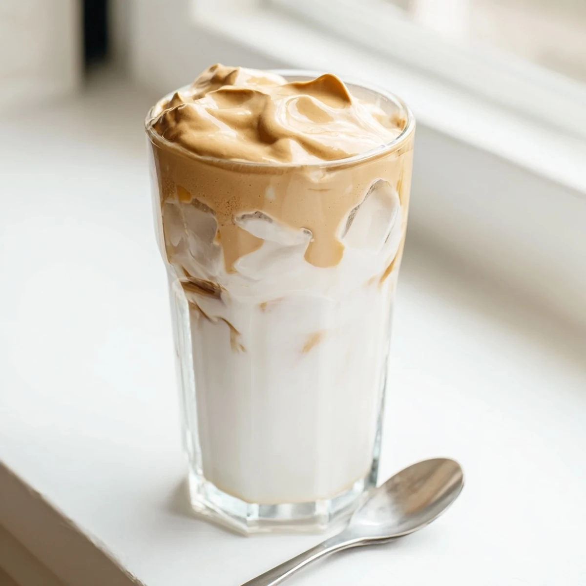 Lightly frothed milk fills a glass, topped with a fluffy cloud of whipped Dalgona coffee, ready to stir.