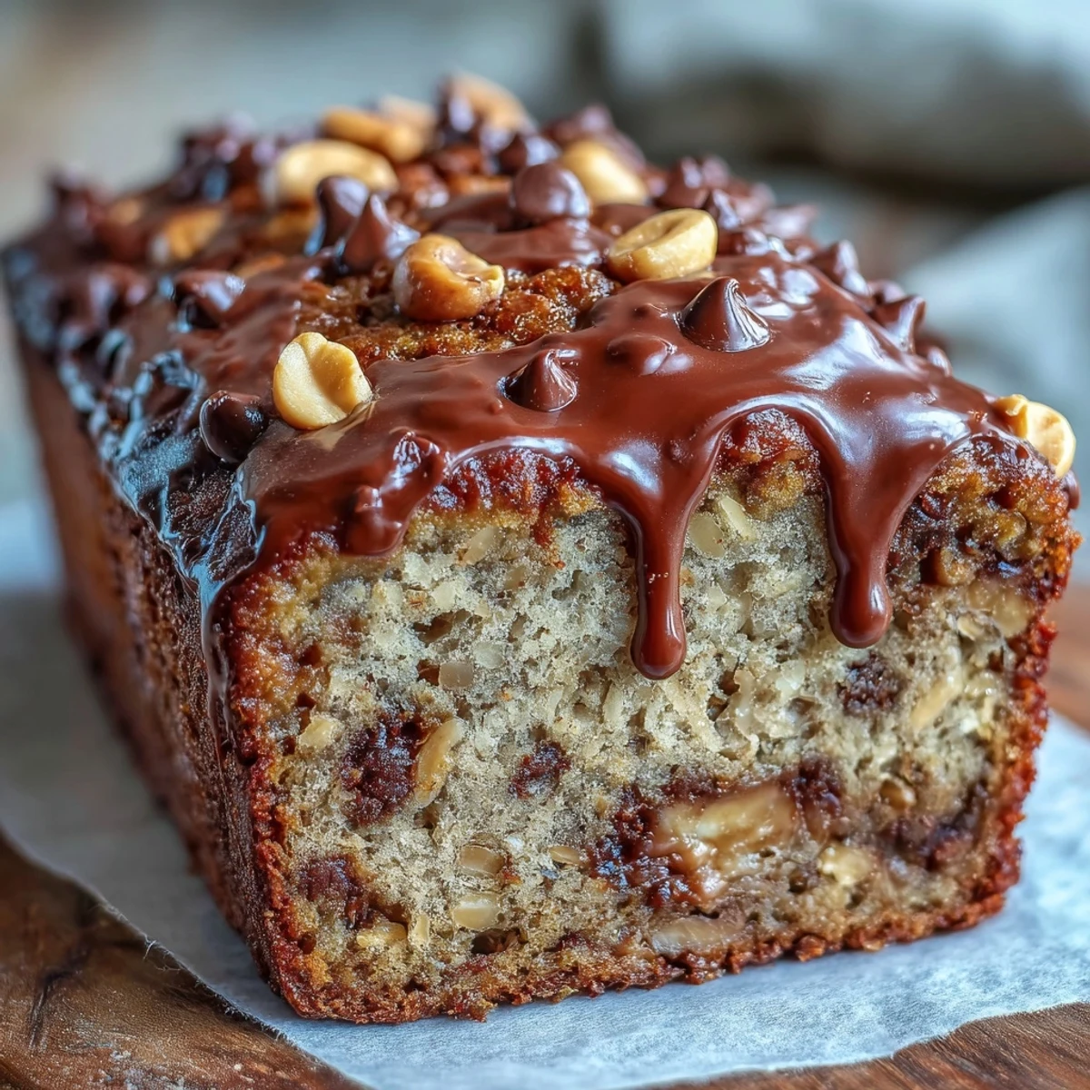 A moist slice of Chocolate Chip Peanut Butter Oatmeal Banana Bread reveals melted chocolate chips and creamy peanut butter swirls, perfect for breakfast.
