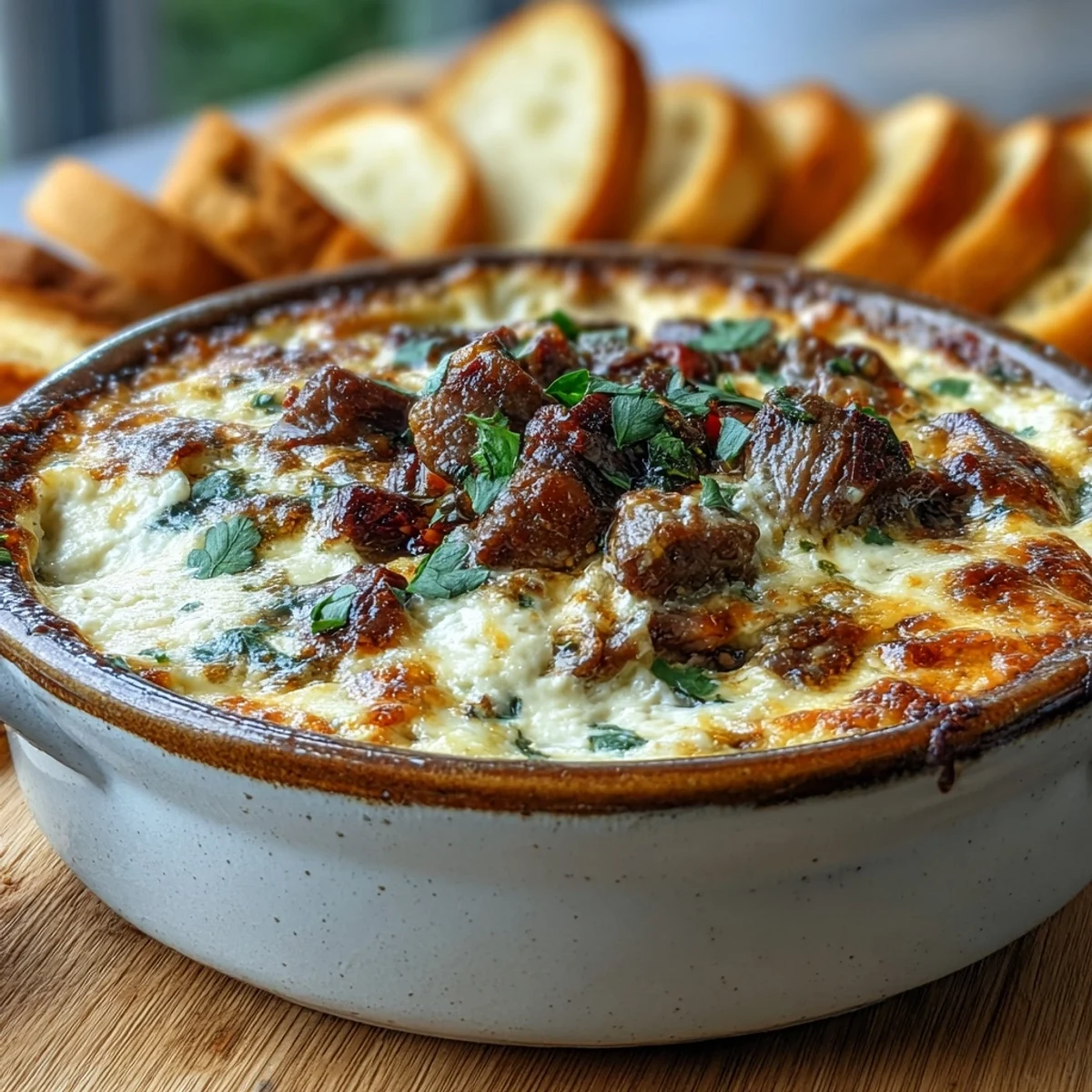 Creamy Philly Cheesesteak Dip loaded with tender shaved ribeye, sautéed peppers, and onions in a baking dish.