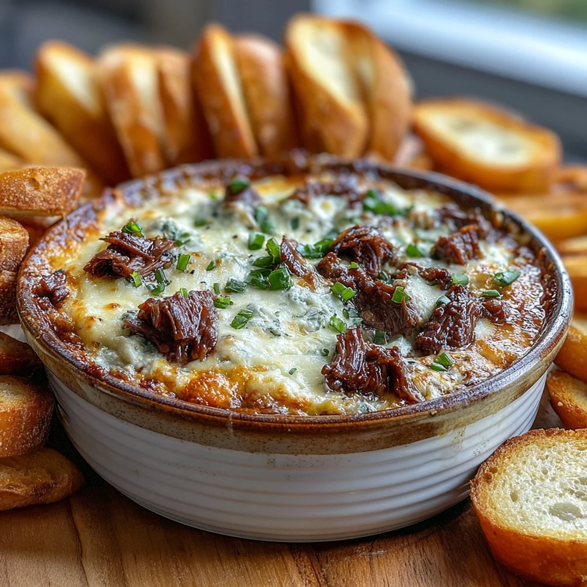 Bubbling, golden-topped Philly Cheesesteak Dip next to sturdy tortilla chips, perfect for a game day appetizer.