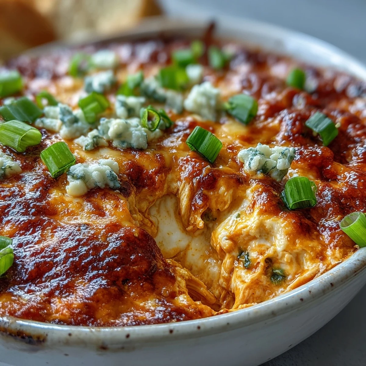 Hot, bubbly Buffalo Chicken Dip fresh from the oven, topped with melted cheddar and fresh green onions.