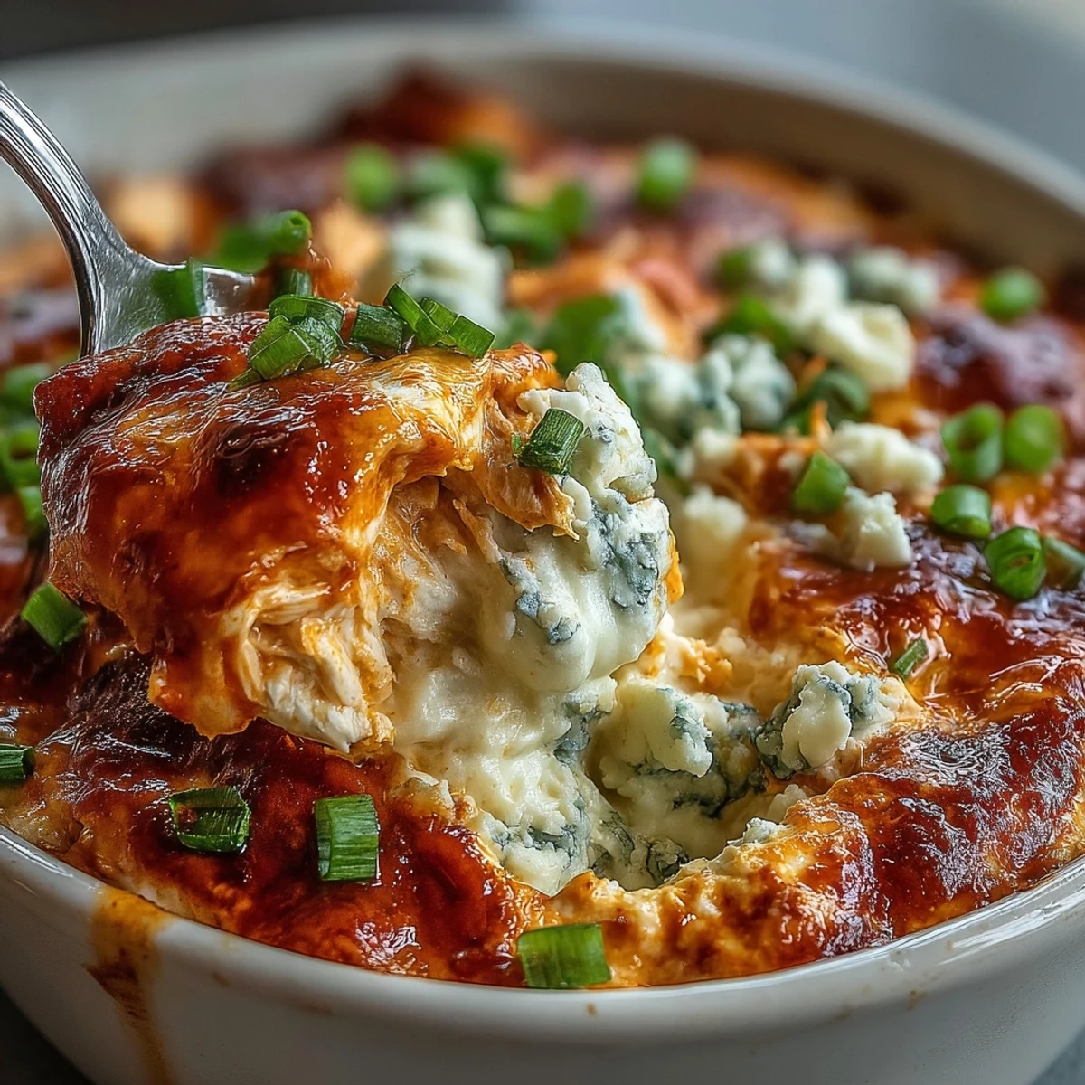 Creamy, spicy Buffalo Chicken Dip in a white baking dish with crisp celery sticks for dipping.