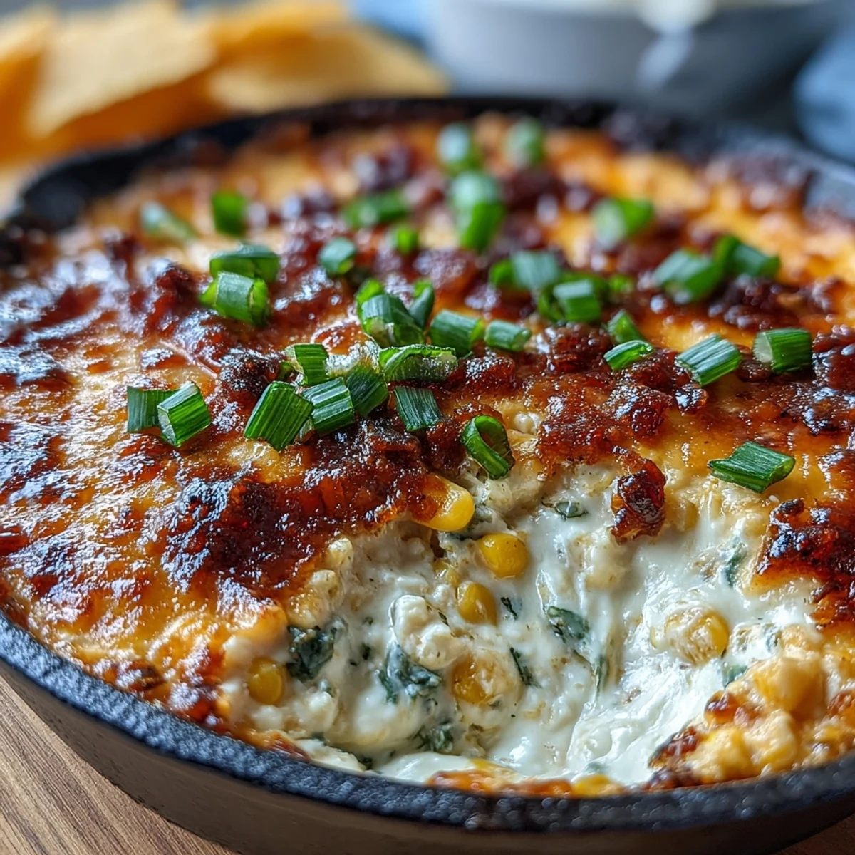 A serving bowl of creamy crack corn dip, garnished with fresh green onions and jalapeño slices, surrounded by stacked tortilla chips for dipping.