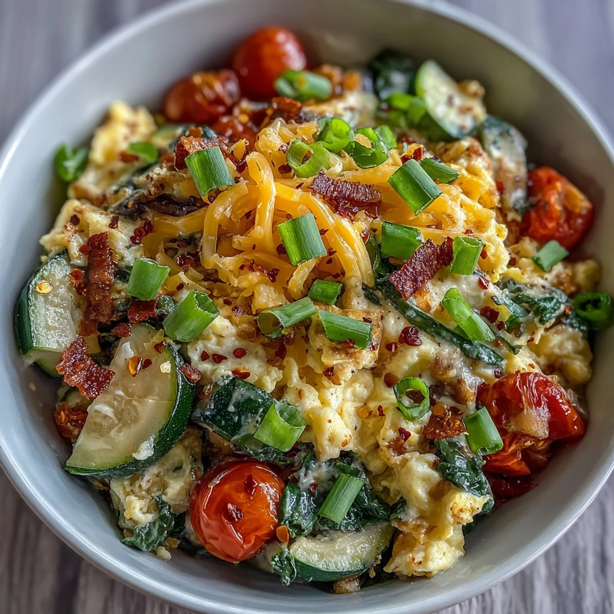 This Scrambled Egg and Veggie Bowl features vibrant red peppers, green spinach, and diced zucchini.
