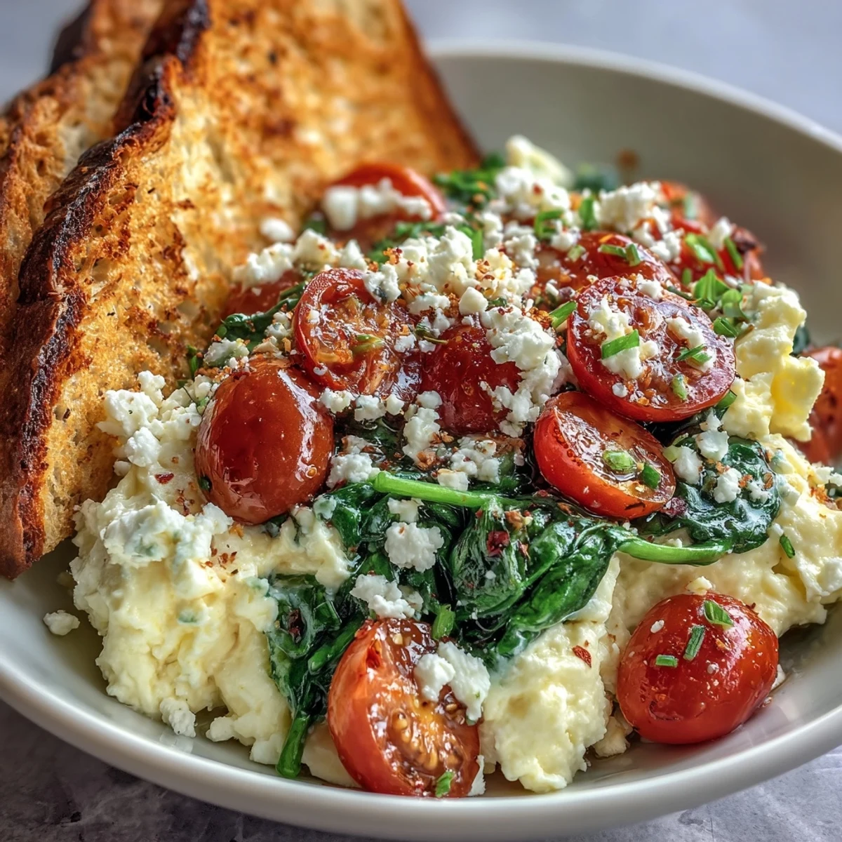 Fluffy scrambled eggs and sautéed spinach in a Spinach and Feta Breakfast Bowl, topped with creamy feta and halved cherry tomatoes.