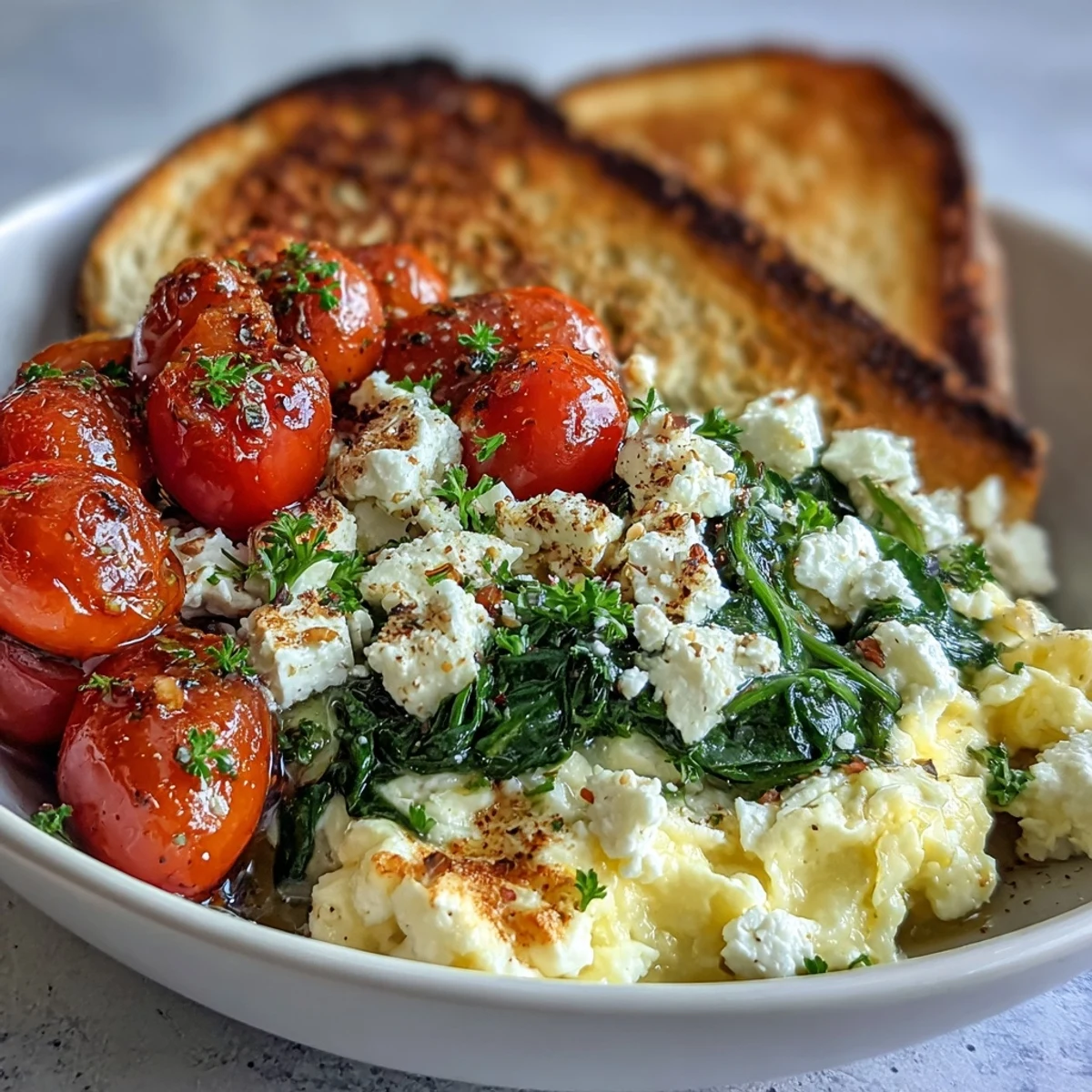 Vibrant Spinach and Feta Breakfast Bowl featuring juicy tomatoes, crumbled feta, and fluffy eggs, ready to enjoy for a healthy vegetarian start.