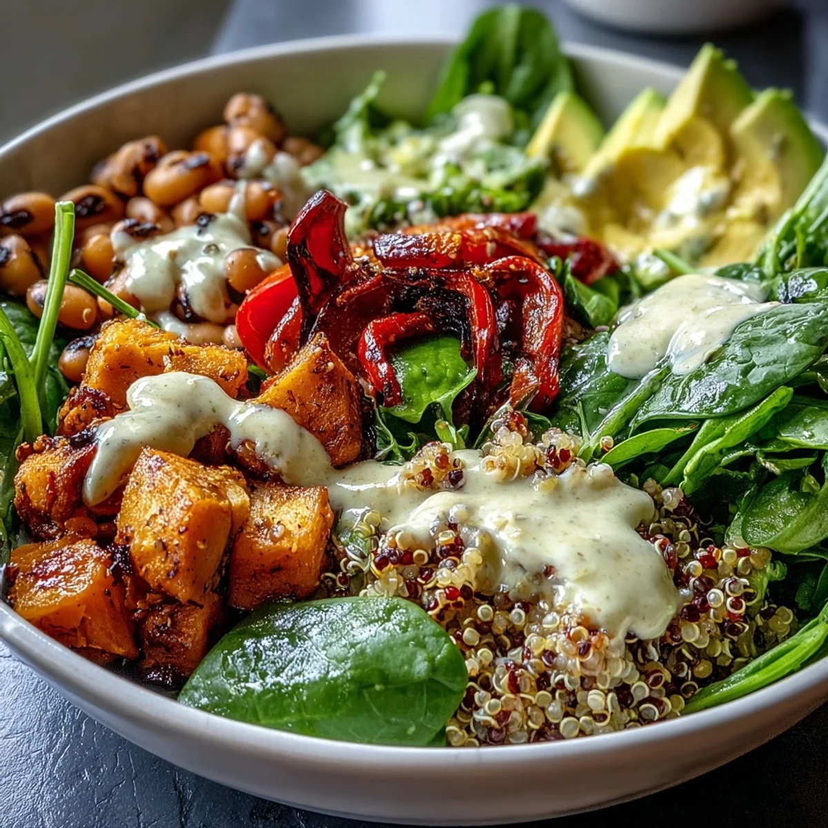 Freshly roasted sweet potatoes and bell peppers top a warm quinoa base in this vibrant Black-Eyed Pea Buddha Bowl.