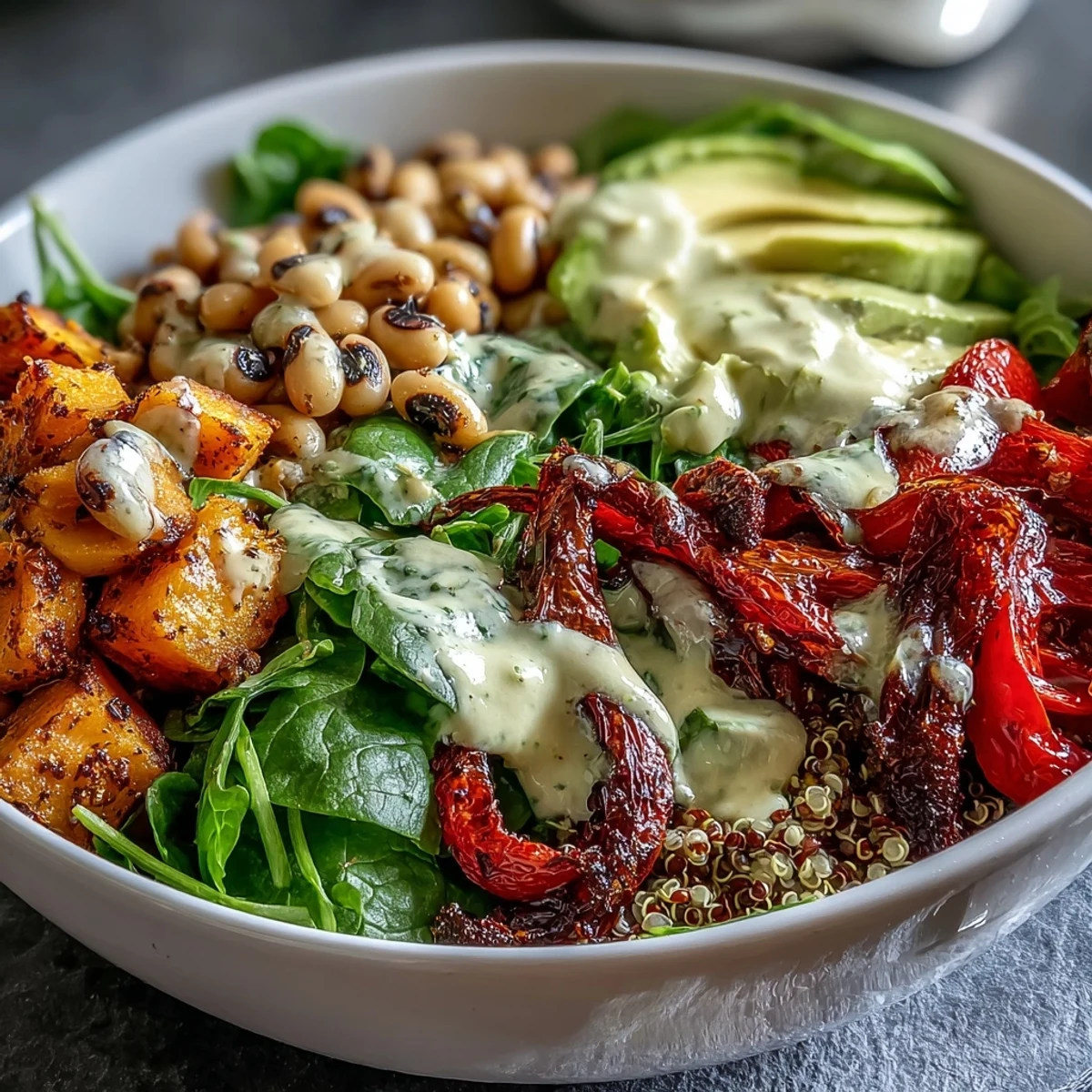 Healthy quinoa and black-eyed peas are garnished with fresh cilantro in this nutritious Black-Eyed Pea Buddha Bowl.
