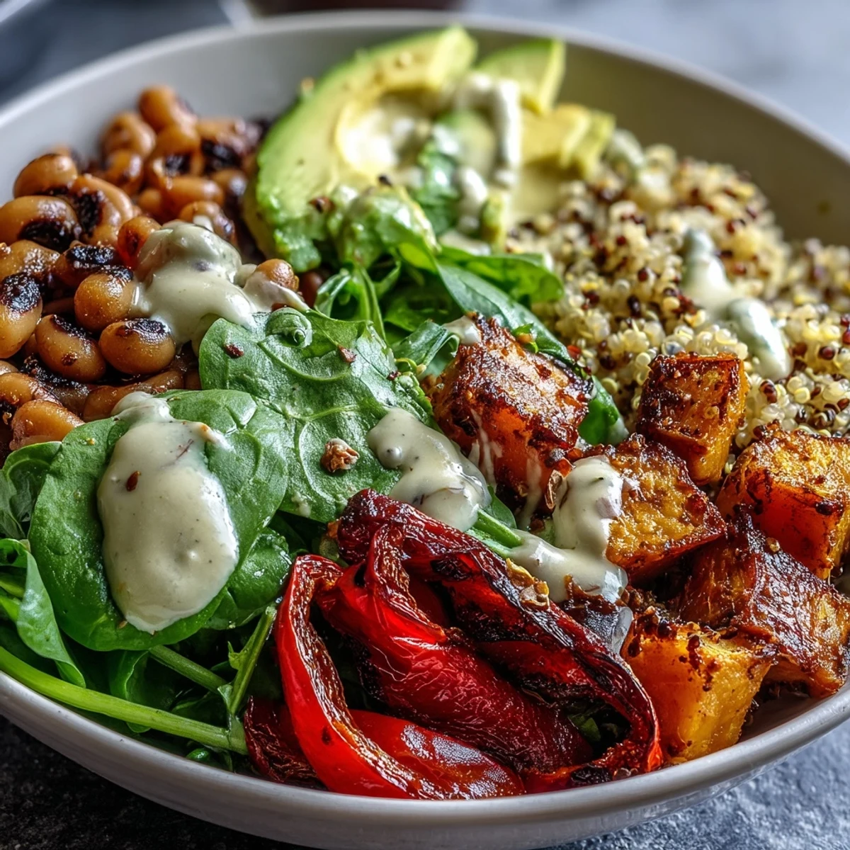 A close-up of the Black-Eyed Pea Buddha Bowl shows sliced avocado and creamy tahini dressing drizzled over ingredients.
