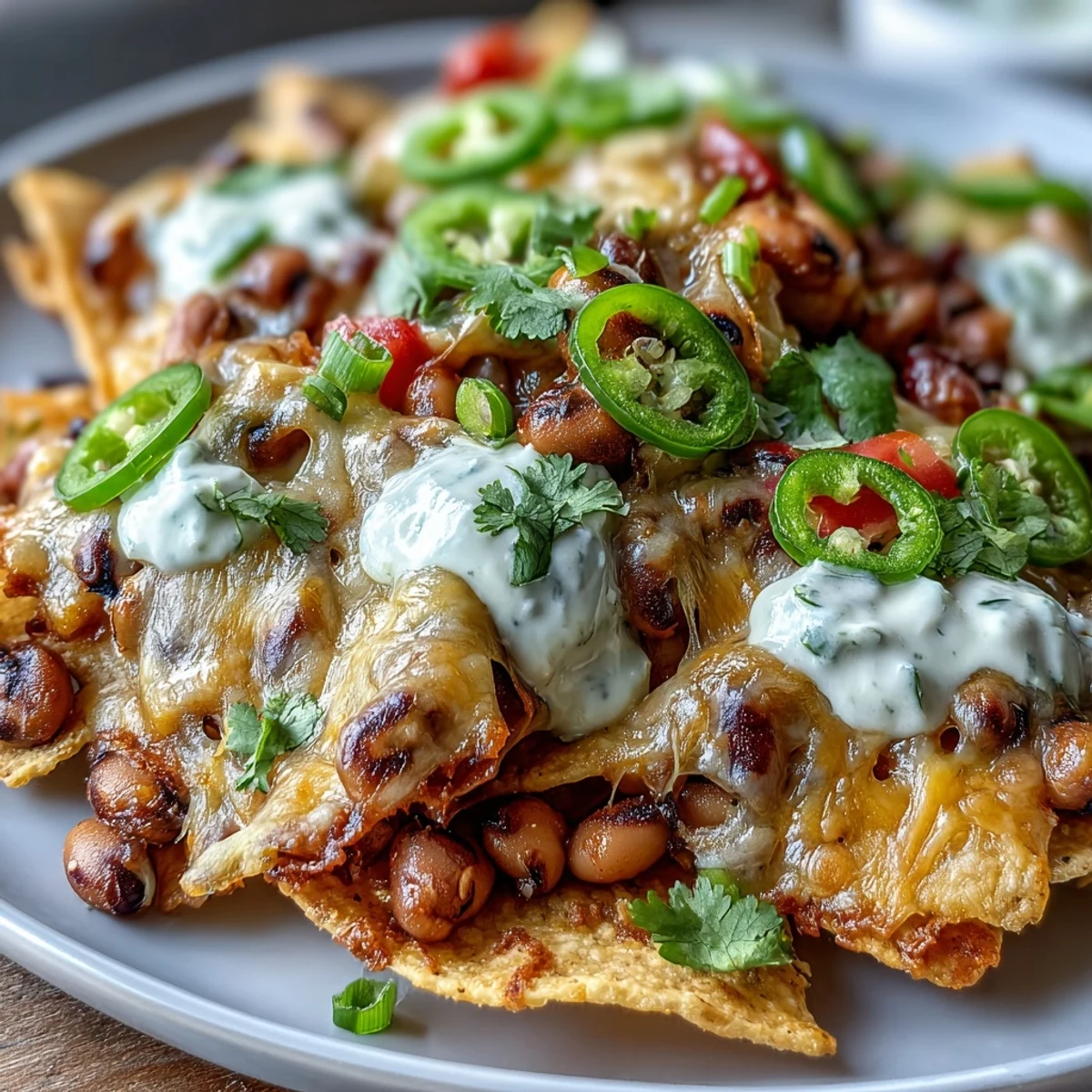 Crispy tortilla chips and melted cheddar cover hearty black-eyed peas on a platter of Black-Eyed Pea Nachos.