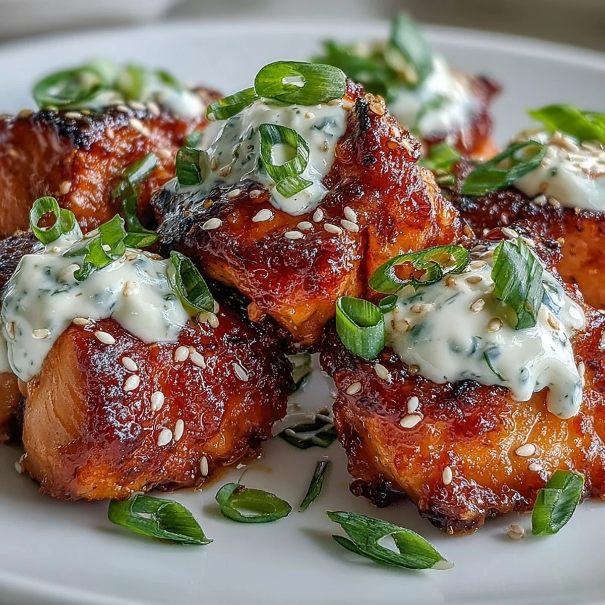 Crispy golden Bang Bang Salmon Bites glisten with creamy pink sauce, garnished with sesame seeds and green onions.