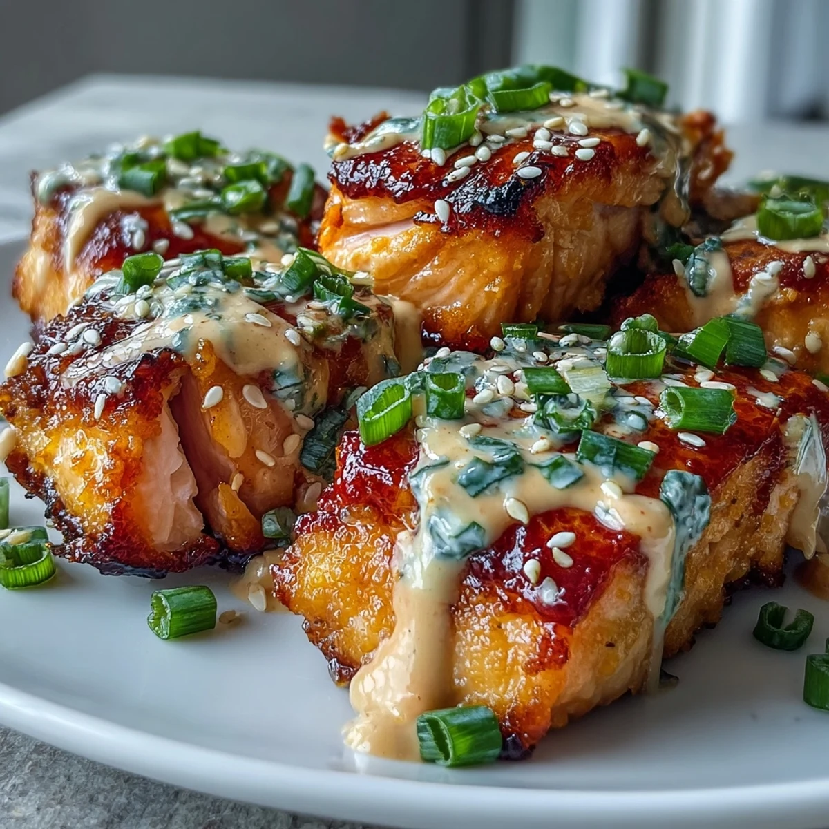 Tender Bang Bang Salmon Bites tossed in rich bang bang sauce, plated over fluffy rice with fresh lime wedges.