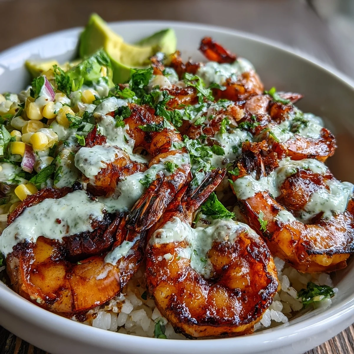 Sizzling grilled shrimp topped with avocado slices and zesty corn salsa, finished with a generous drizzle of creamy garlic sauce.
