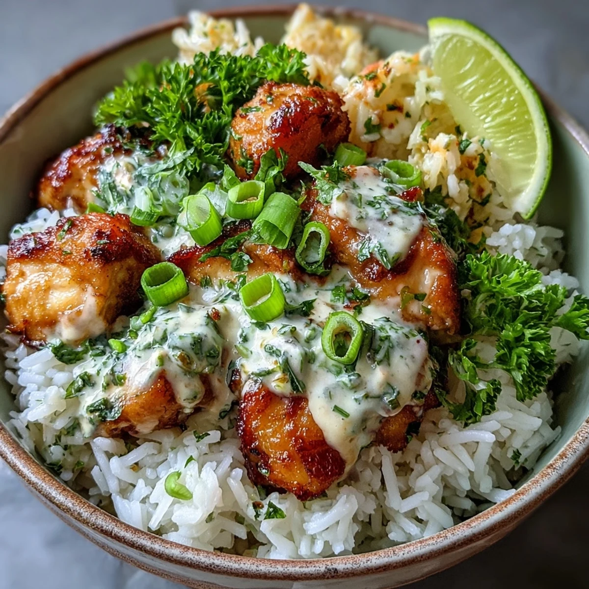 Tender chicken simmered in creamy coconut sauce over steamed white rice.