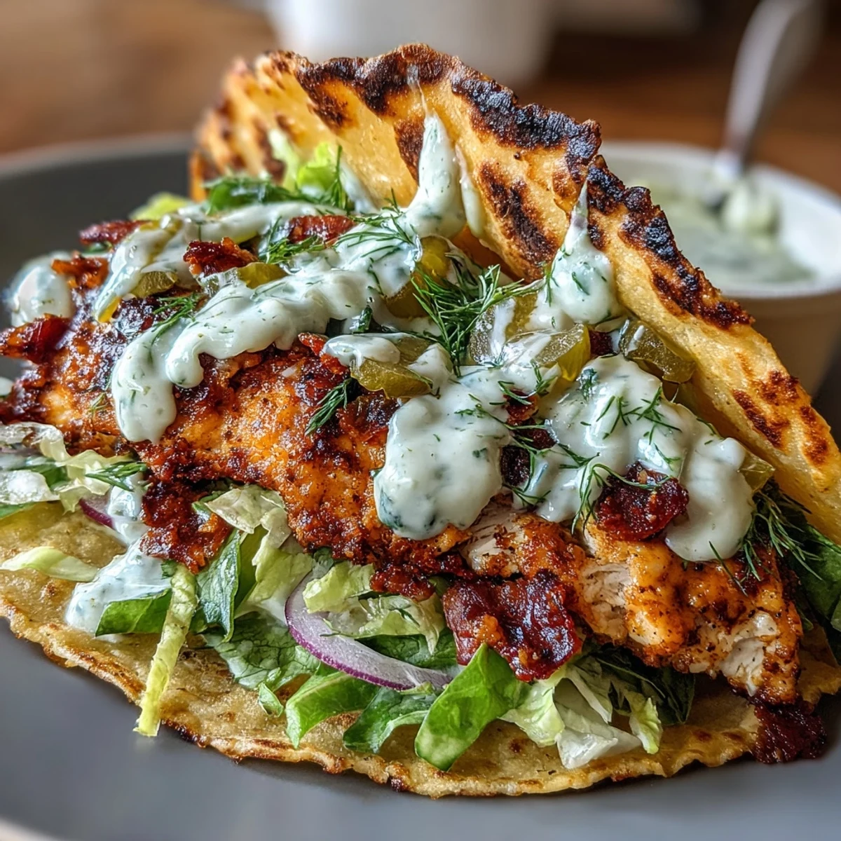 A close-up of Dill Pickle Ranch Smash Chicken Tacos, featuring seared chicken patties, crisp lettuce, and bright dill pickle slices.