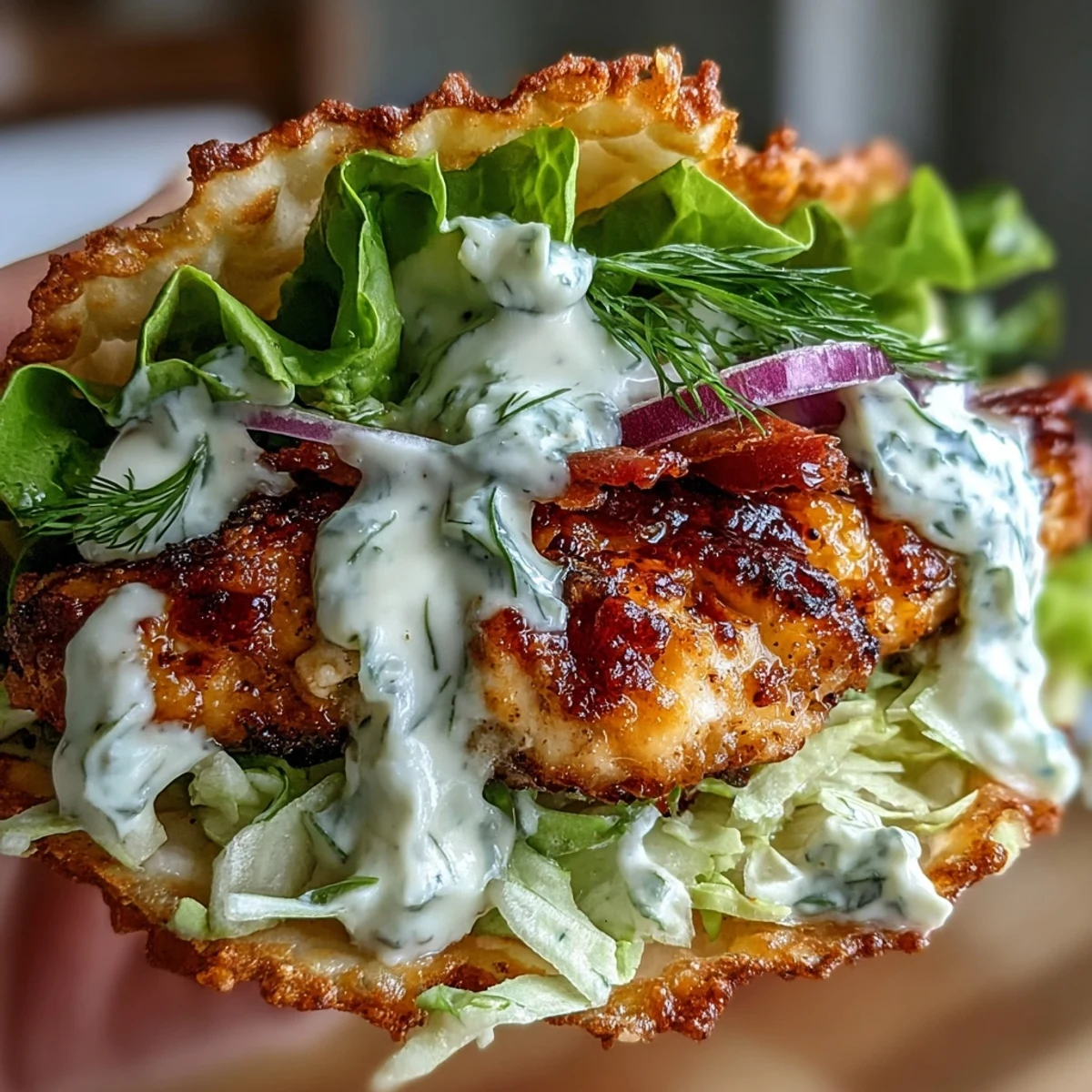 Overhead view of Dill Pickle Ranch Smash Chicken Tacos, showcasing smashed chicken, red onion, and a zesty drizzle on fluffy tortillas.