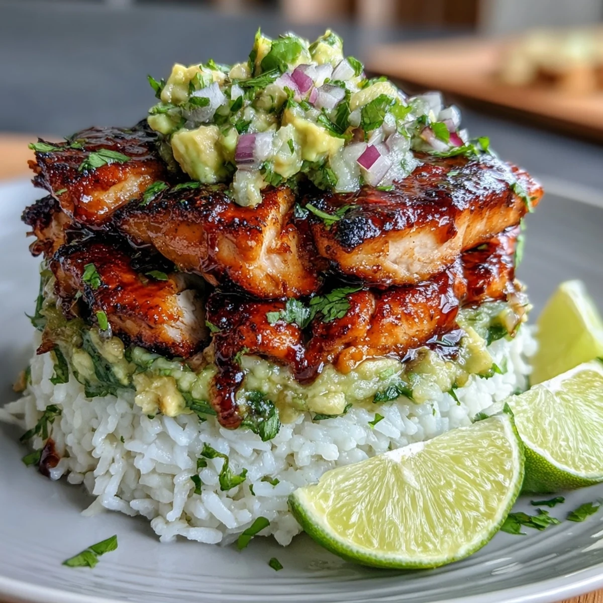 The photo shows our Tangy Honey Lime Chicken & Avocado Rice Stack served on a white plate for a vibrant dinner. Slices of golden chicken rest on fluffy white jasmine rice, topped with a chunky avocado and red onion salsa. Garnished with lime wedges and fresh cilantro, this bright meal looks delicious.