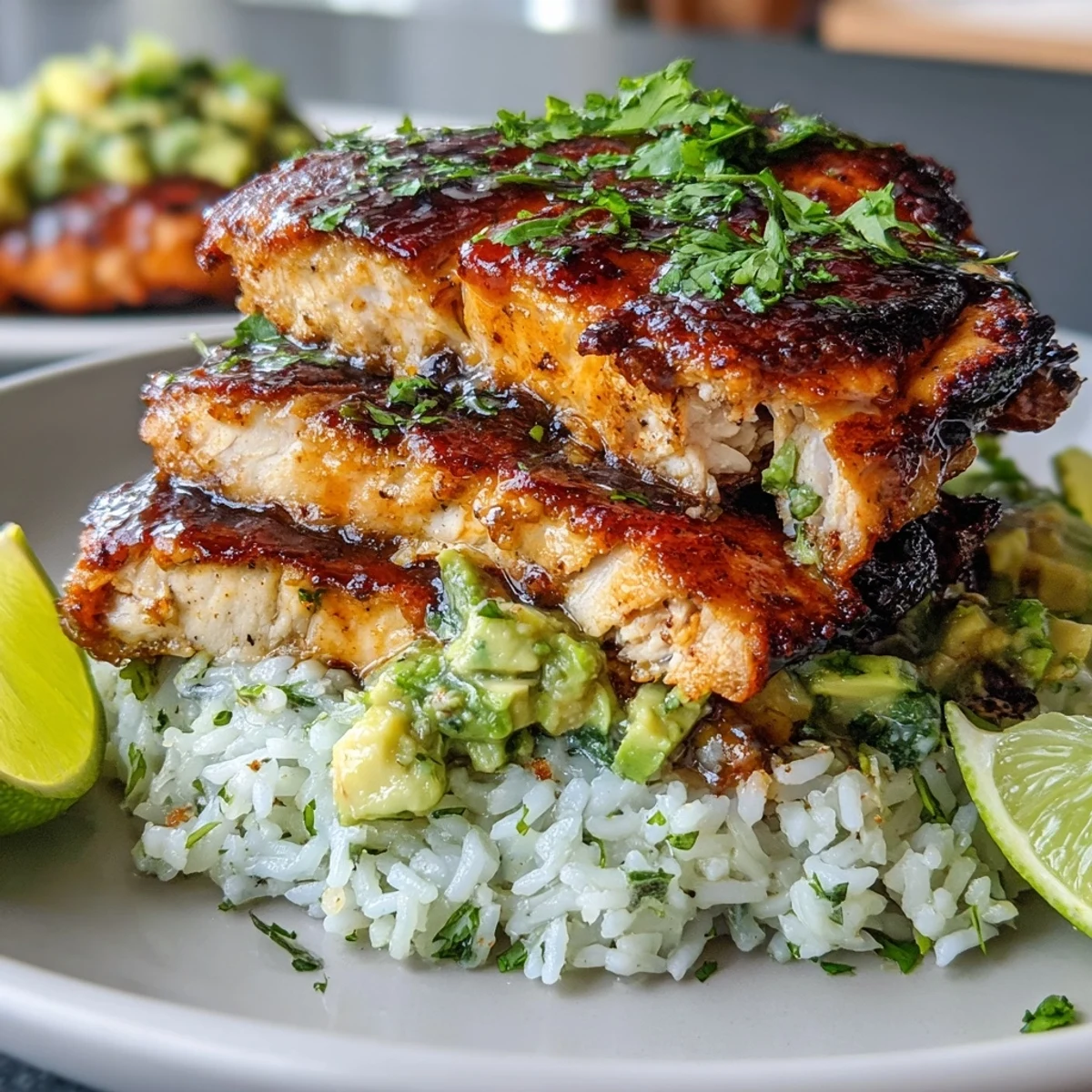 Here we see the finished Tangy Honey Lime Chicken & Avocado Rice Stack, a gluten-free main dish. Juicy grilled chicken, marinated in honey and lime, is layered high over steaming rice. A scoop of creamy avocado salsa adds green color and texture, making it perfect for a healthy dinner.
