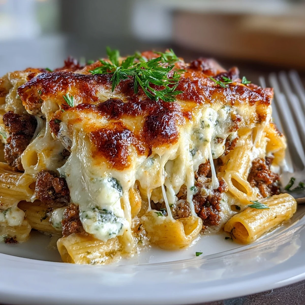 Golden-brown Cottage Cheese Protein Pasta Bake with Ground Beef, featuring whole wheat penne, melted mozzarella, and fresh parsley garnish.