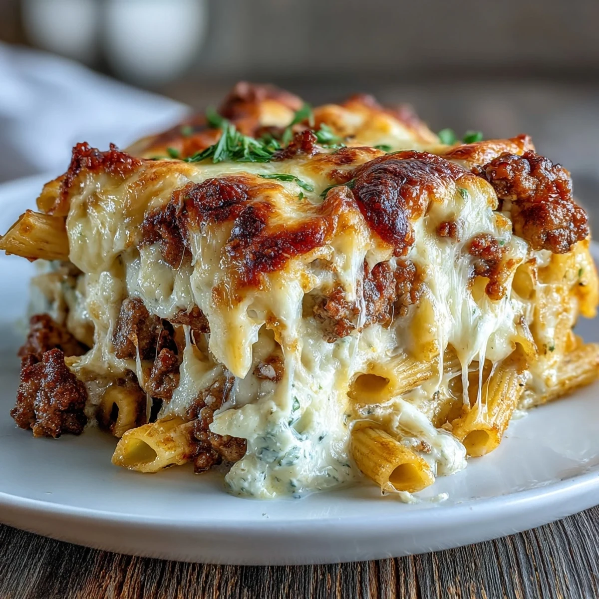 A close-up view of the Cottage Cheese Protein Pasta Bake with Ground Beef, bubbling with creamy cottage cheese and rich marinara sauce.