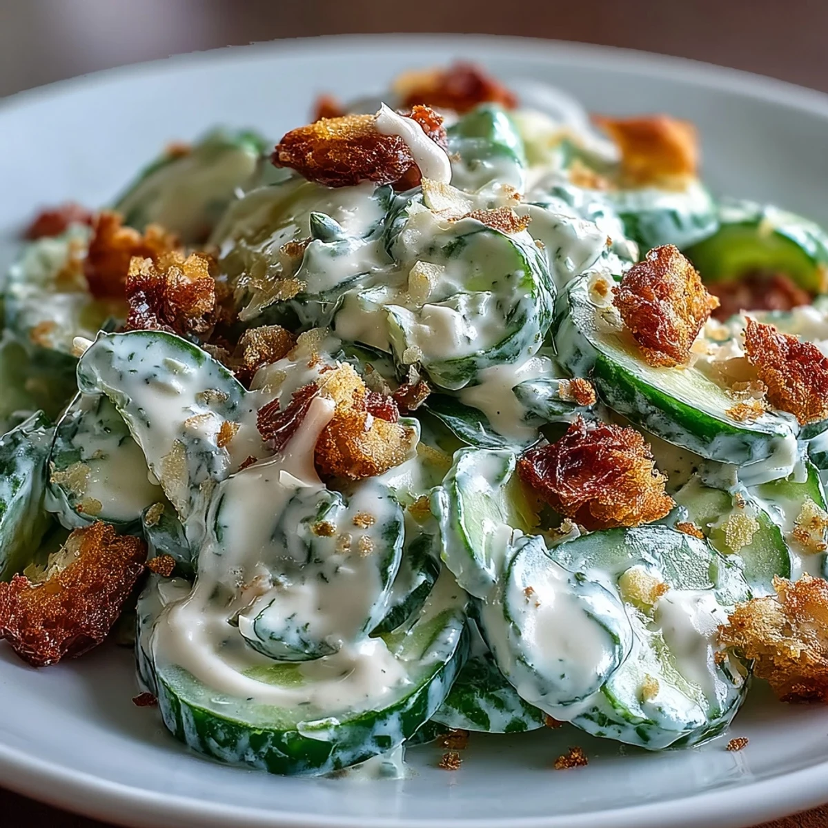 Light and refreshing vegetarian Cucumber Caesar Salad garnished with fresh herbs, ready for a quick, healthy lunch.