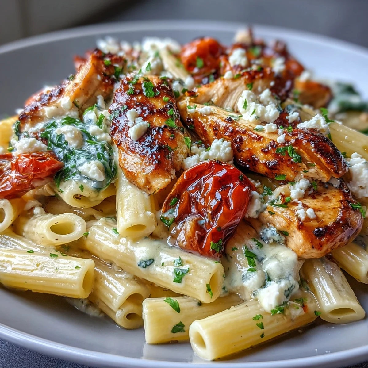 Creamy Greek-inspired Roasted Garlic & Feta Chicken Pasta with penne, wilted spinach, and bright cherry tomatoes in a skillet.