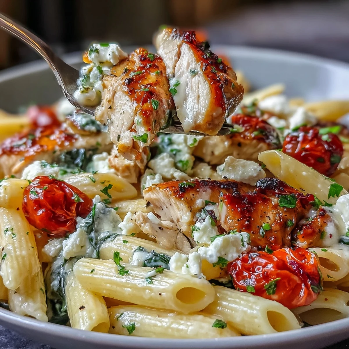 Fork-tender roasted chicken and golden garlic mingle with crumbled feta in this hearty Roasted Garlic & Feta Chicken Pasta.