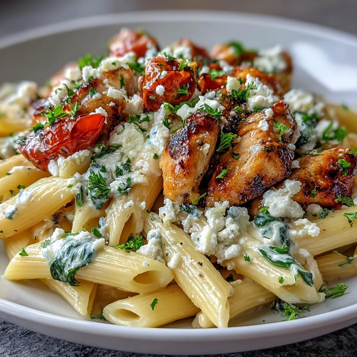 Close-up of Roasted Garlic & Feta Chicken Pasta topped with fresh parsley, showcasing a creamy sauce and juicy chicken slices.