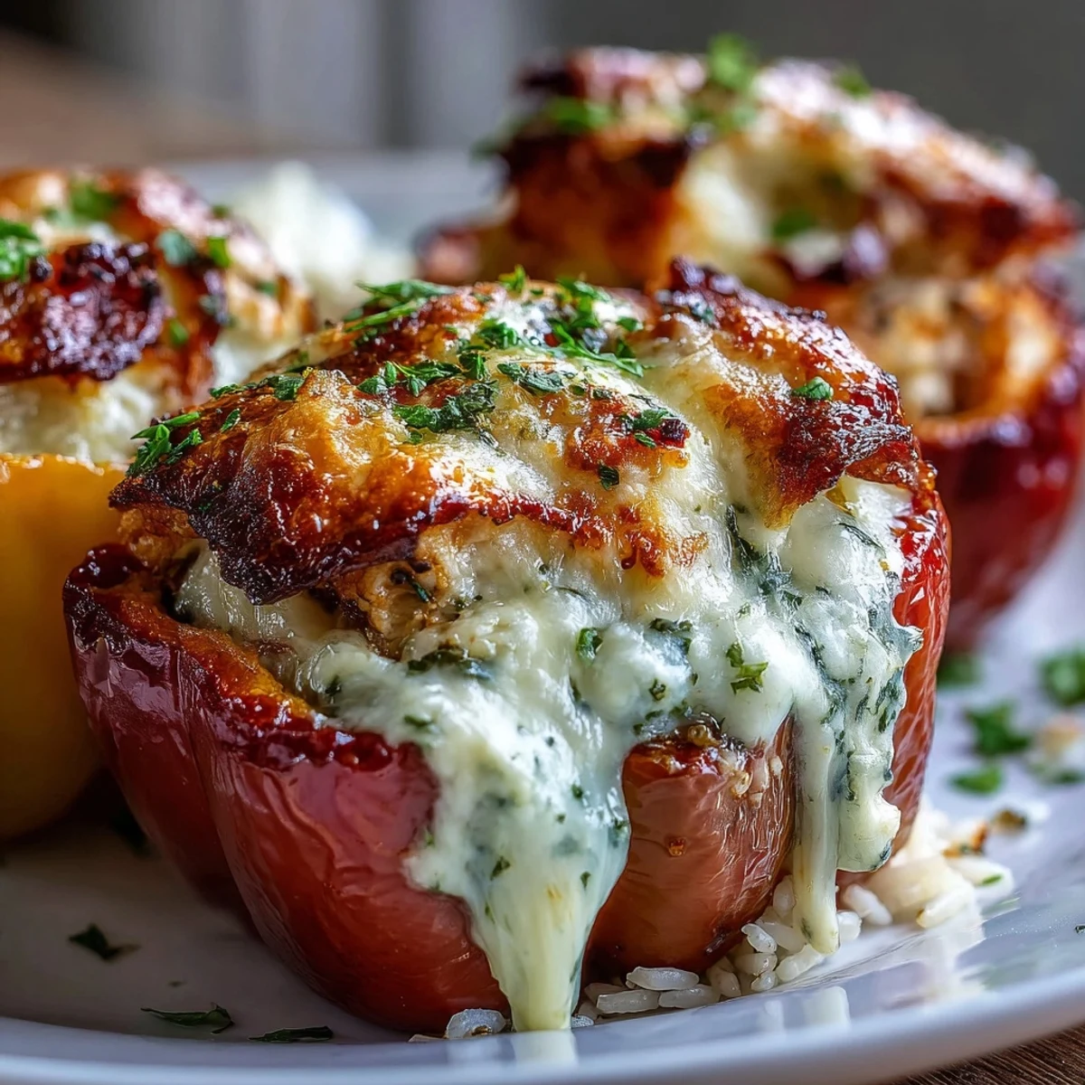 Golden-brown baked bell peppers filled with creamy garlic chicken, rice, and melted Parmesan, served as a comforting main dish.