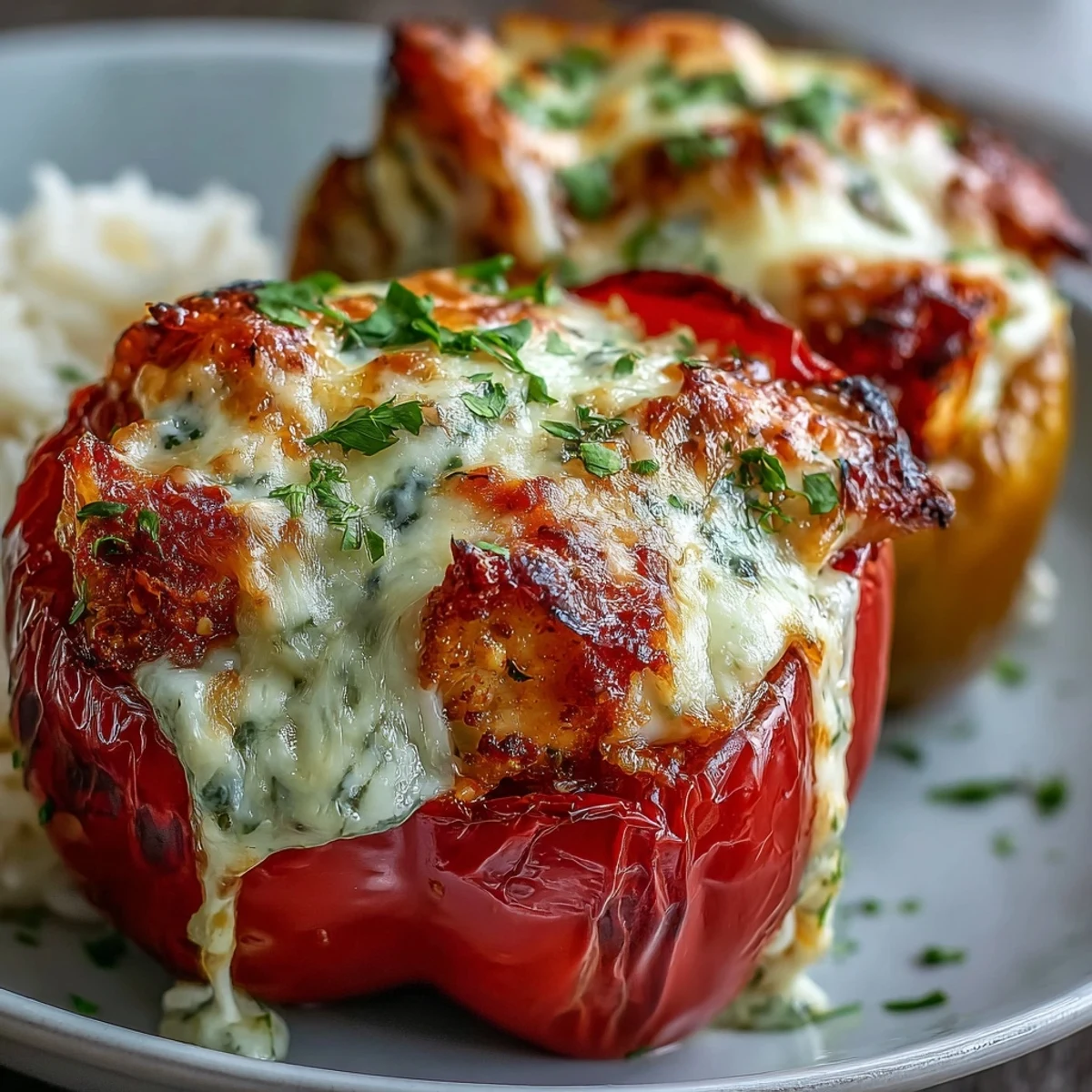 Freshly chopped parsley garnishes these stuffed peppers, revealing the bubbling, rich cheese and savory garlic Parmesan chicken filling inside.