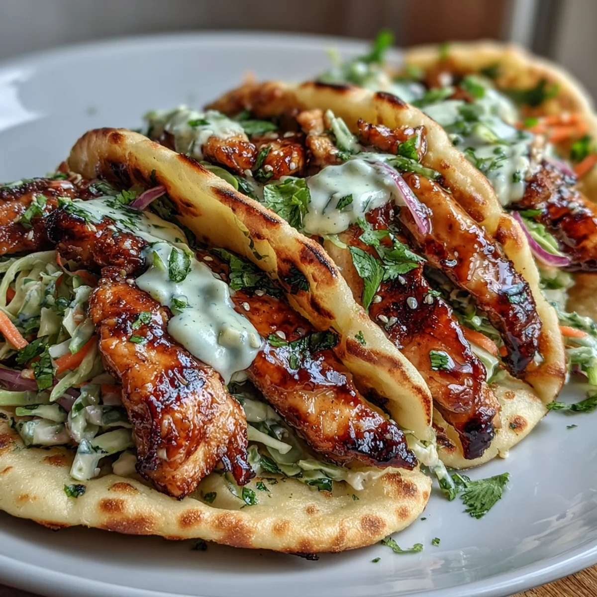 Colorful cabbage slaw and fresh cilantro garnish these sizzling Honey Garlic Naan Chicken Tacos.