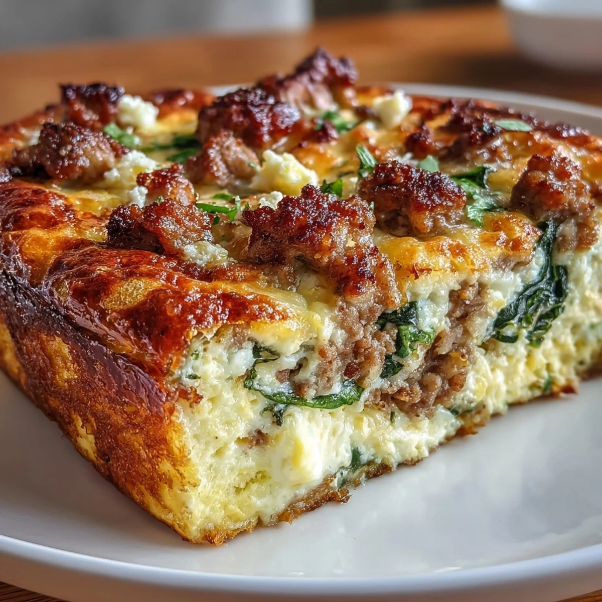 Hearty keto breakfast bake with sausage, eggs, and spinach, baked until golden and cheesy.  