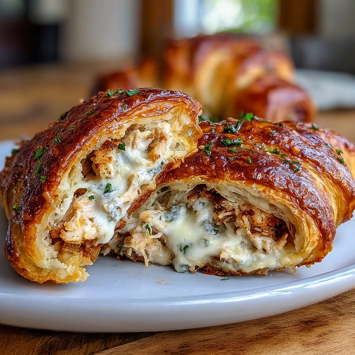 Golden chicken pillows baked with creamy cheese filling and topped with rich garlic Parmesan butter sauce, perfect for a comforting family dinner.