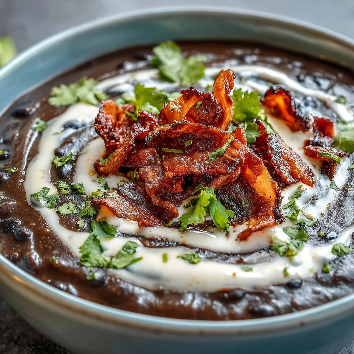 Rich and creamy black bean soup with crispy bacon bits and a swirl of lime crema, perfect for cozy dinners.
