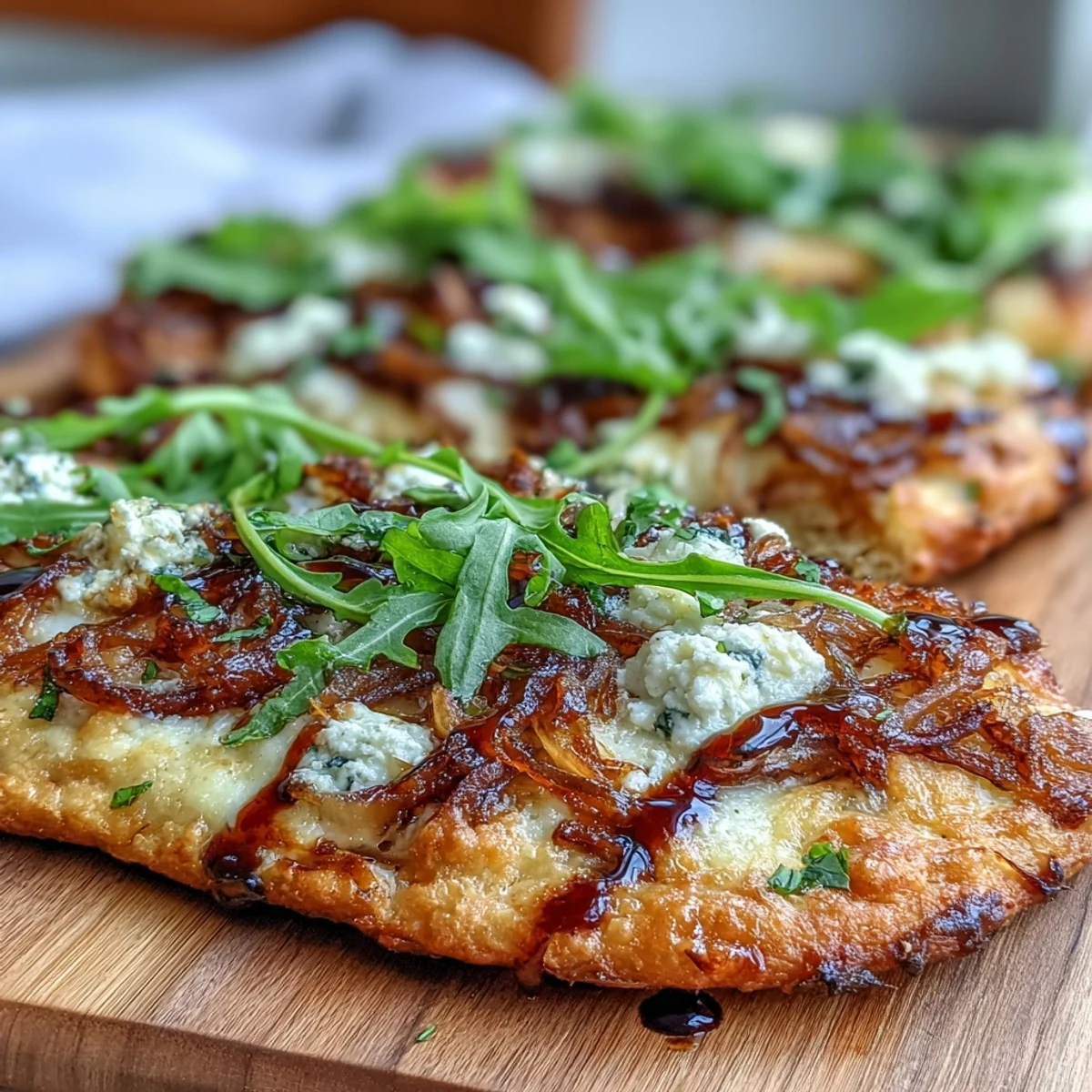 A golden flatbread pizza with sweet caramelized onions, creamy mozzarella, and fresh arugula, finished with a tangy balsamic glaze for a gourmet vegetarian meal.