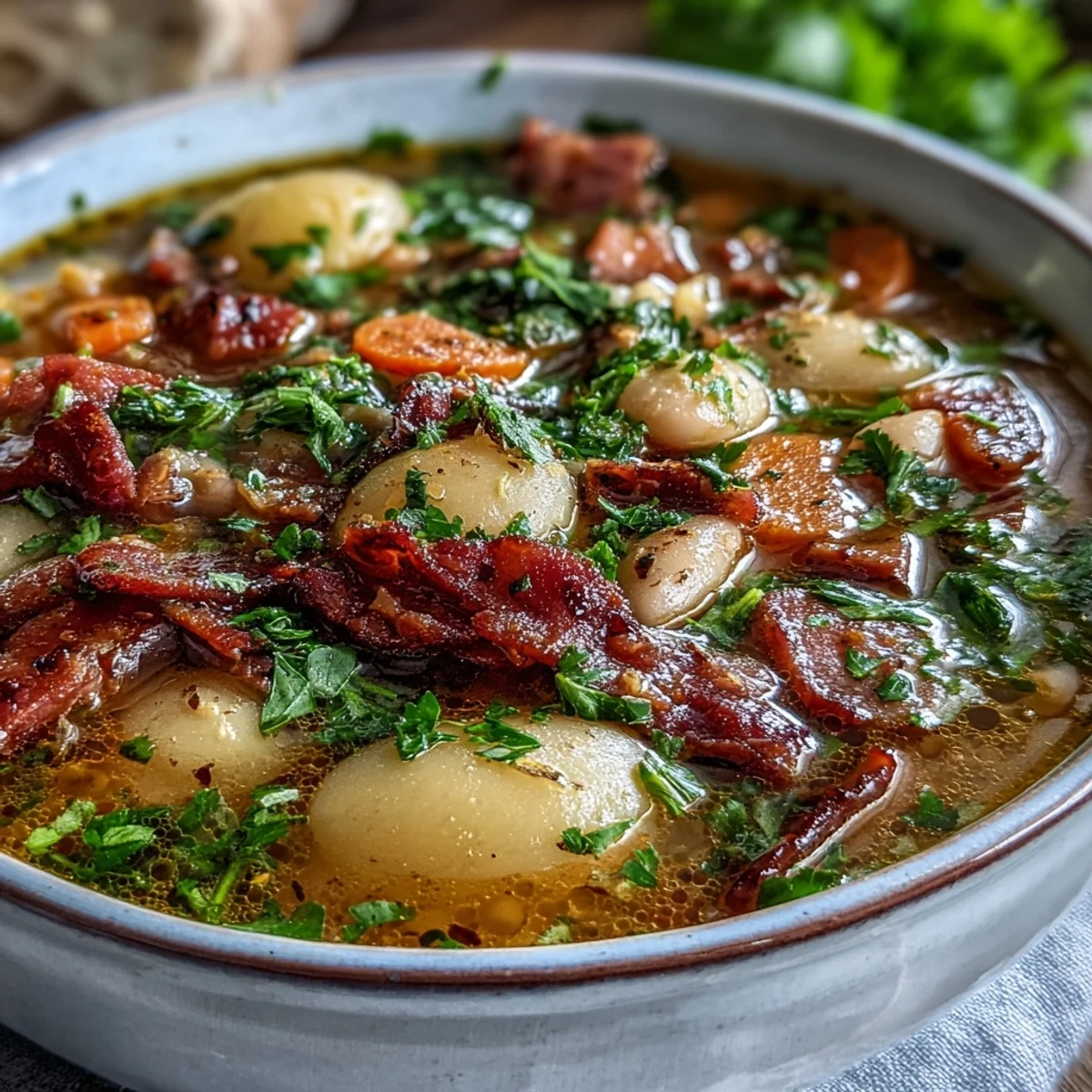 A steaming bowl of bean soup with tender smoked ham and hearty potatoes, garnished with fresh parsley for a rustic, comforting meal.  