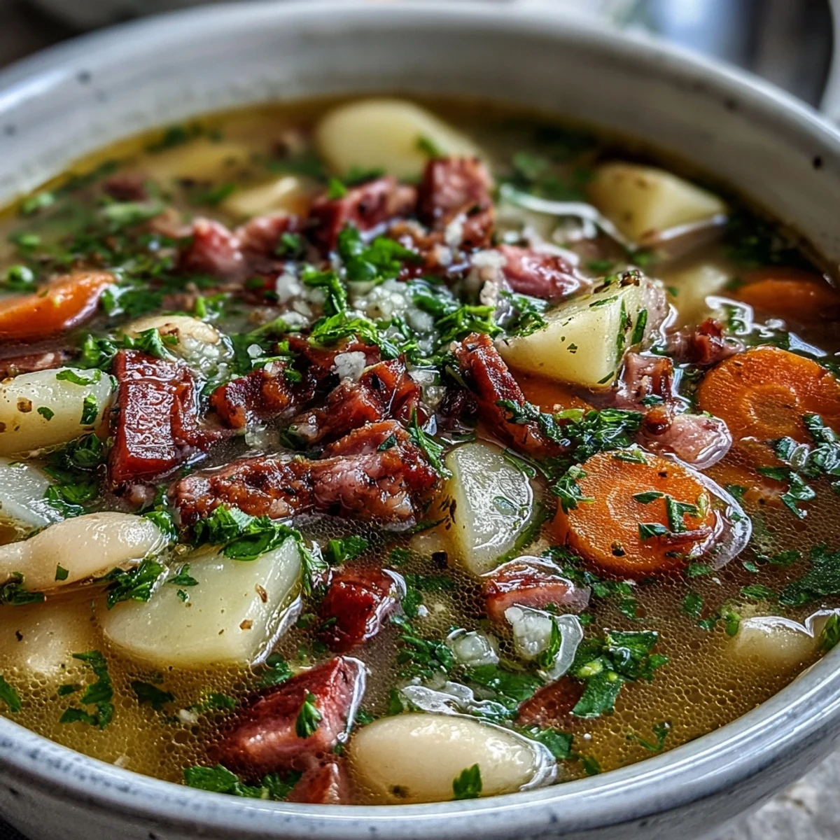 Smoky ham, creamy white beans, and soft potatoes simmer together in a rich broth, creating a warming and satisfying winter soup.  