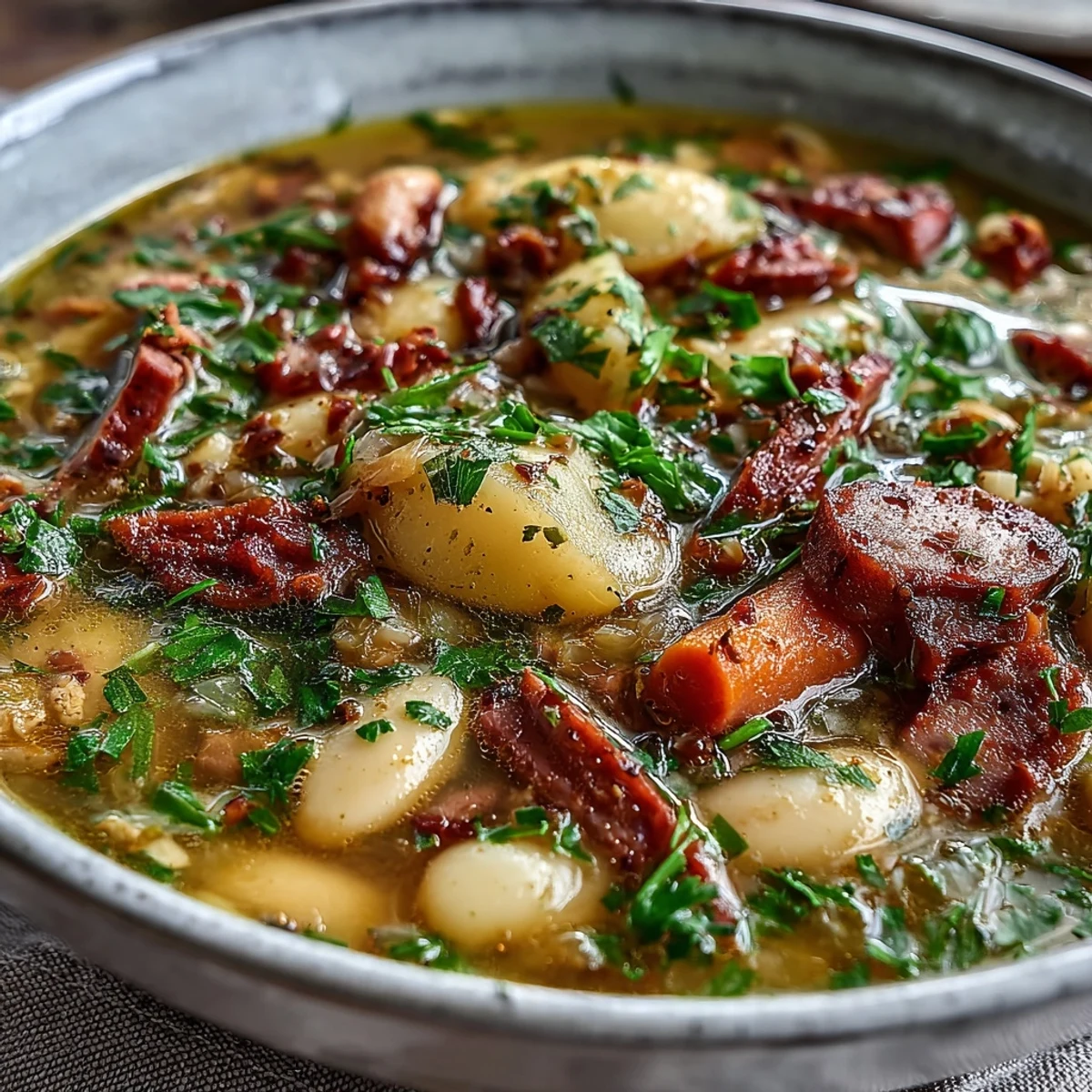 Hearty bean soup featuring smoky ham, diced potatoes, and aromatic vegetables, served hot in a rustic bowl with a sprinkle of parsley.
