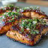 Grilled salmon fillet topped with vibrant strawberry salsa and fresh cilantro, served with lemon wedges for a bright, fresh dinner.