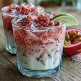 Vibrant Dragon Drink Refresher with coconut milk, dragon fruit, and strawberries, served over ice in a tall glass.