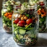 Layered mason jar salads packed with fresh spinach, cherry tomatoes, and quinoa for healthy meal prep.