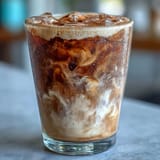 Creamy iced brown sugar oat milk espresso with ice cubes and rich brown sugar syrup