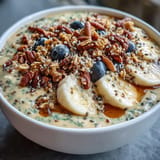 Vibrantly colored high fiber smoothie bowl, a wholesome breakfast brimming with seeds and banana.