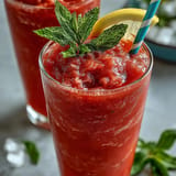 Vibrant, naturally sweet watermelon lemonade slushie ready to serve in chilled glasses.