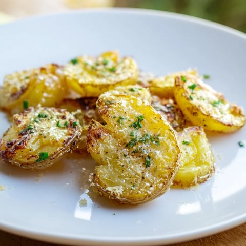 Golden-brown Parmesan smashed potatoes, crispy edges, herbs, perfect as a side dish for dinner.