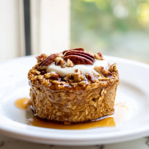 Golden-brown pumpkin spice baked oats, perfect for a cozy fall breakfast, beautifully textured.  