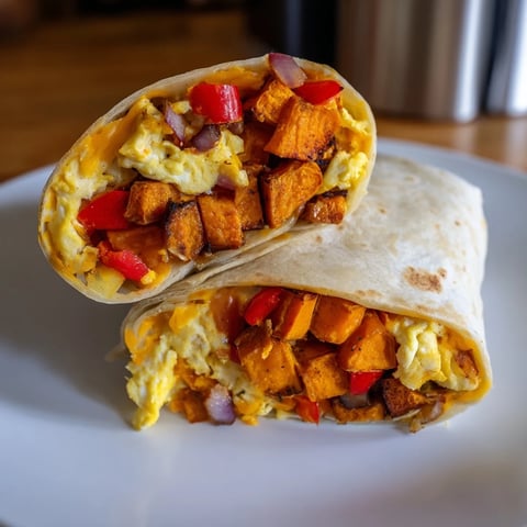 Steaming sweet potato breakfast burritos, filled with fluffy eggs and melted cheese, ready to eat.