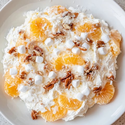 A bowl of Elevated Ambrosia Salad, showcasing mandarin oranges and toasted pecans in creamy goodness.